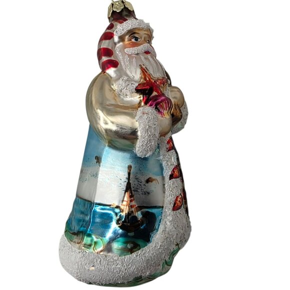 Vintage Coastal Santa Claus Christmas Ornament Nautical Sea Lighthouse Sailboat - Picture 3 of 10